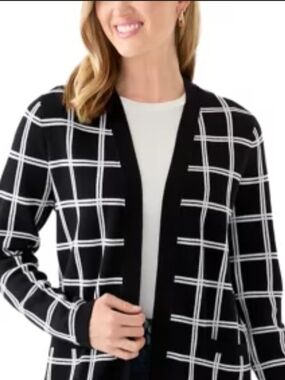 Kasper Black & White Grid Open-Front Cardigan Size Medium